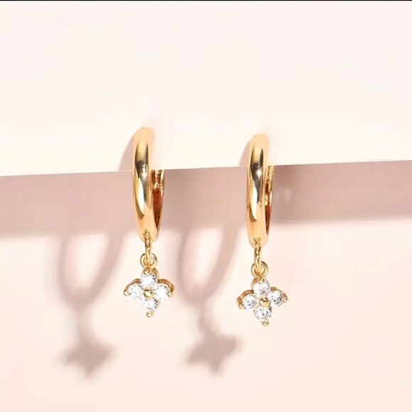 14K Gold Plated Elegant Clover Zirco Huggies Shaped Dangle Hoop Earrings - Picture 1 of 5
